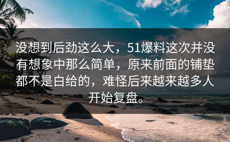 没想到后劲这么大，51爆料这次并没有想象中那么简单，原来前面的铺垫都不是白给的，难怪后来越来越多人开始复盘。